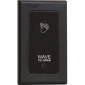 Camden CM-336/41 Surewave(tm) Battery Powered, 915Mhz. Wireless Touchless Switch, Single Gang, Black Faceplate, Hand Icon & Wave to Open Graphics