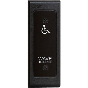 Camden CM-336/42N Surewave(tm) Battery Powered, 915Mhz. Wireless Touchless Switch, Narrow, Black Faceplate, Hand Icon, Wheelchair & Wave to Open Graphics