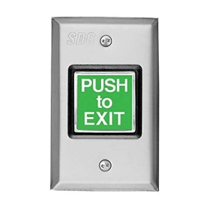 SDC 424U Illuminated Exit Switch, 1-Gang, Momentary, DPDT, PUSH TO EXIT Legend, 5 Amp at 12/24 Volt DC, 2-7/8" Width x 4-1/2" Height, Stainless Steel, Green