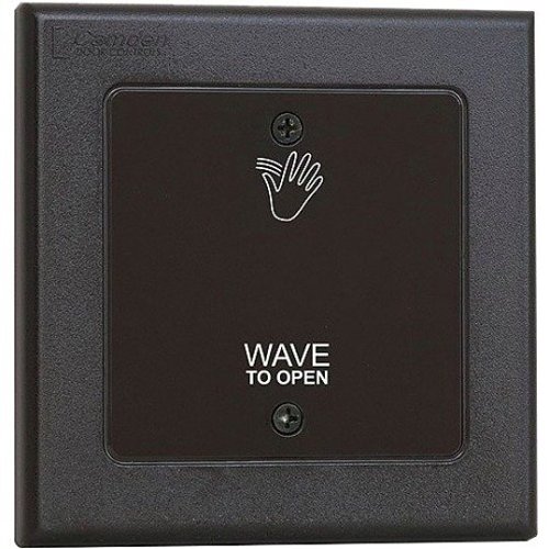 Camden CM-336/41W Surewave(tm) Battery Powered, 915Mhz. Wireless Touchless Switch, Double Gang, Black Faceplate, Hand Icon & Wave to Open Graphics