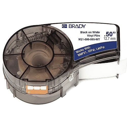 Brady M21-500-595-WT All Weather Permanent Adhesive Vinyl Label Tape with Ribbon for M210, M211, BMP21-PLUS Printers, 0.5" W x 21' L, Black on White